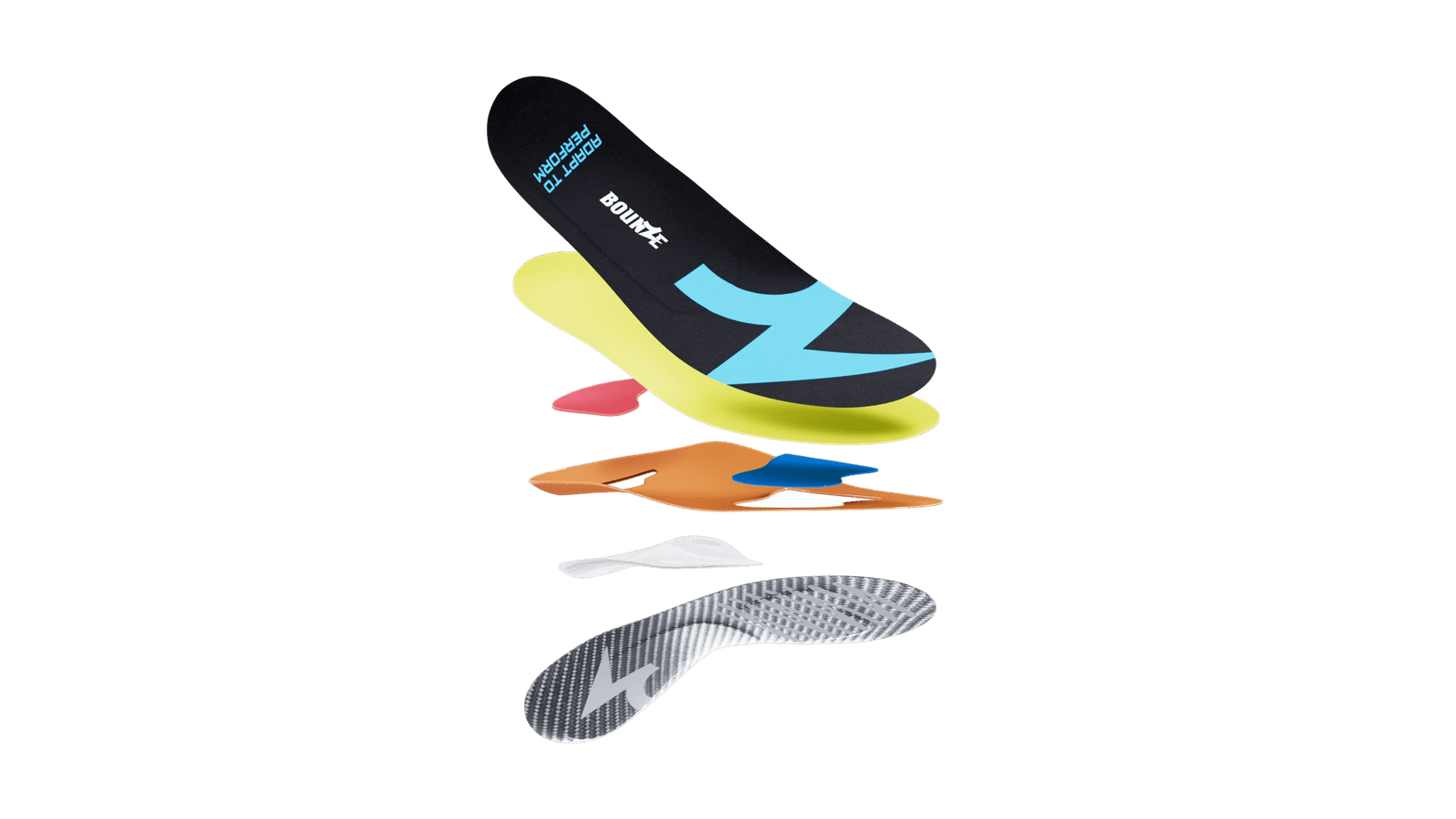 Cross-section view of BOUNZE Pro Performance Custom Insole showing multiple layers for comfort, support, and shock absorption perfect for any shoes