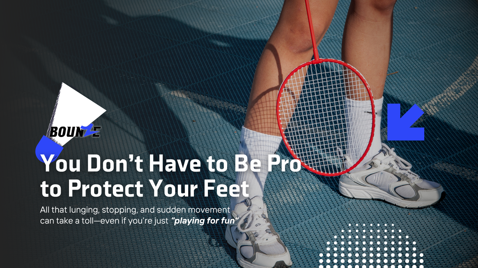 Close-up of a badminton player’s feet wearing court shoes, emphasizing the need for insoles for badminton shoes