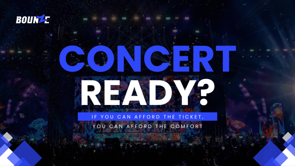 Text overlay on a blurred concert crowd background, emphasizing the need for concert fit insoles to enjoy the experience in comfort