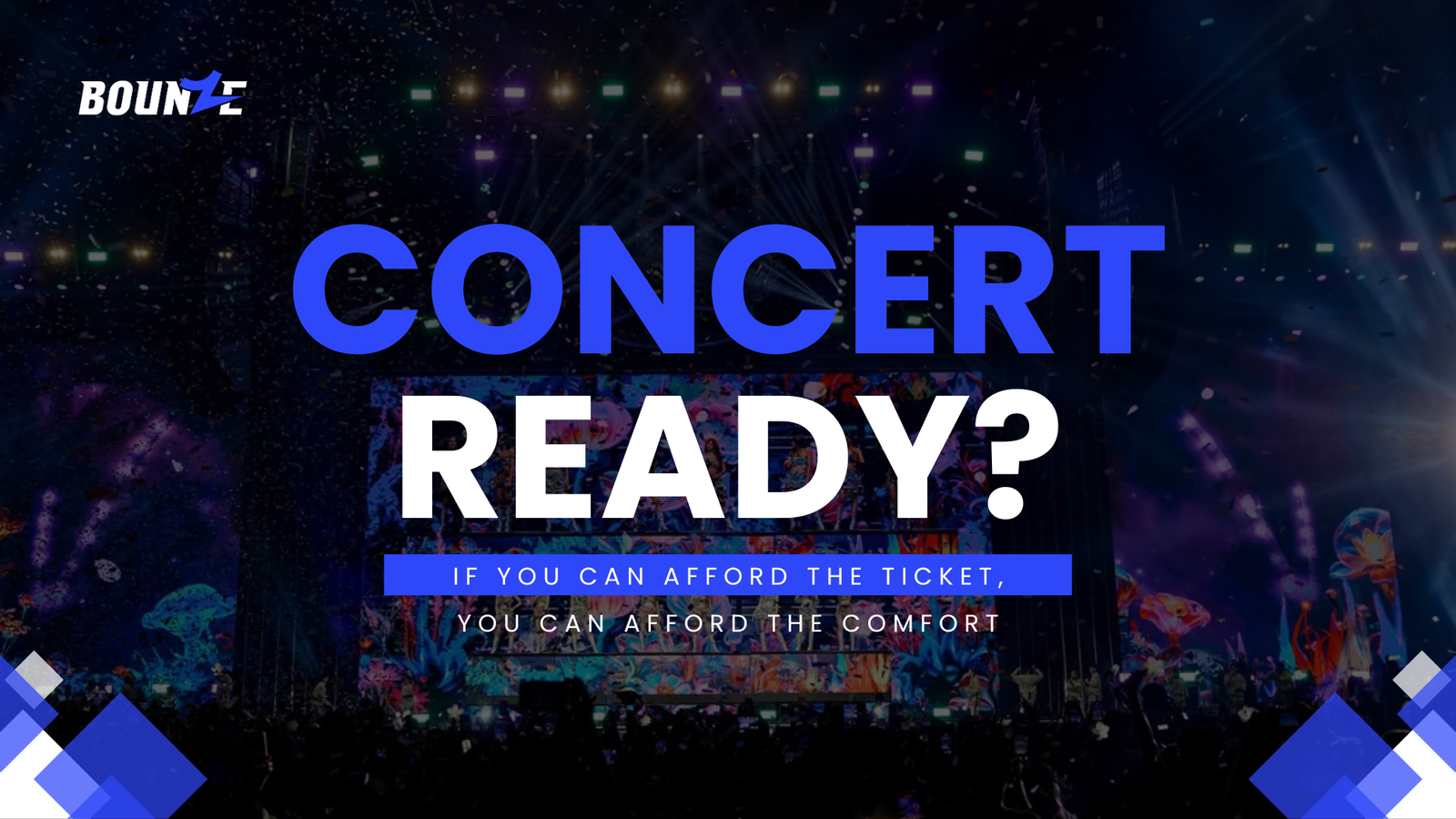 Text overlay on a blurred concert crowd background, emphasizing the need for concert fit insoles to enjoy the experience in comfort