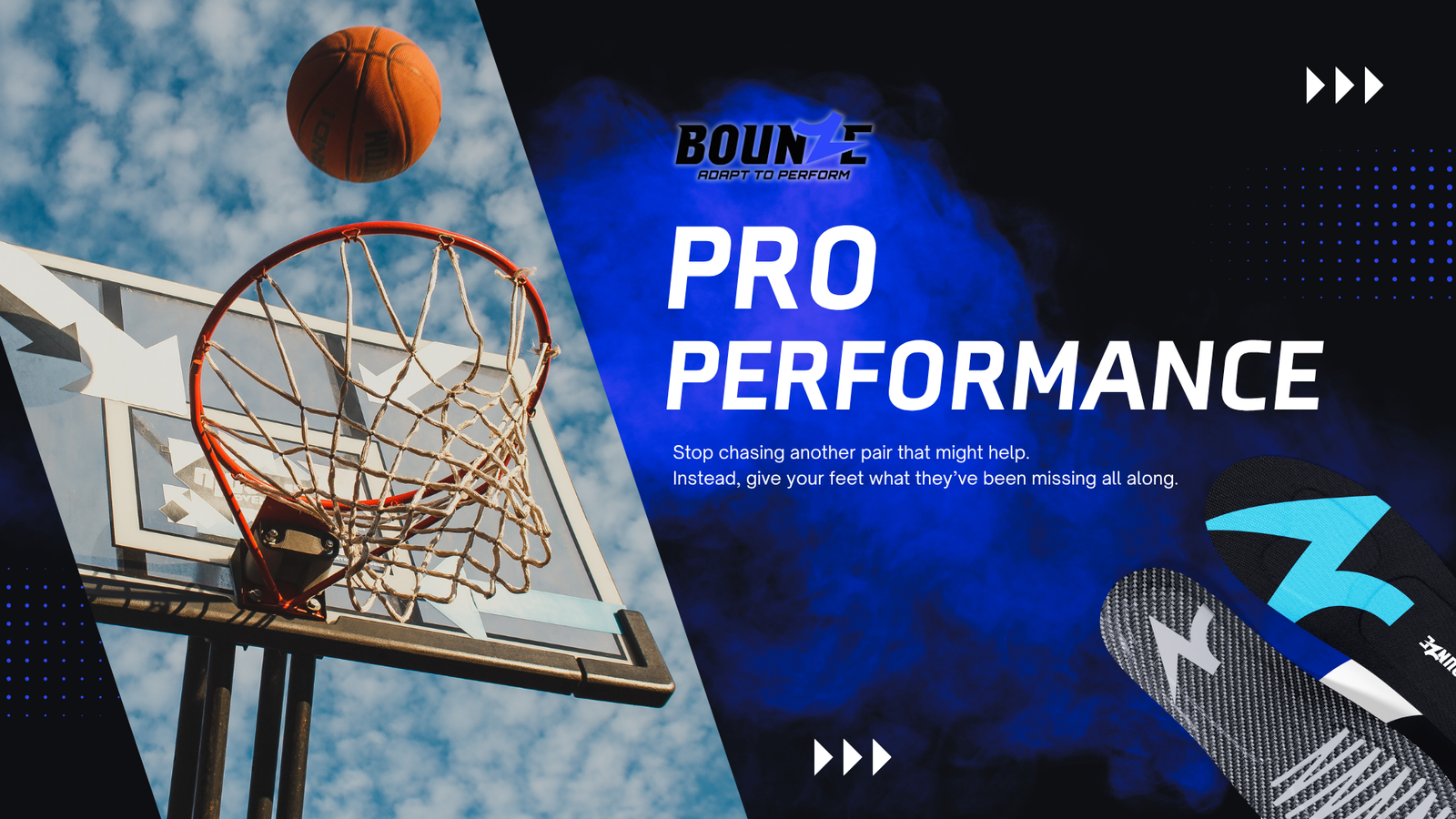 BOUNZE Pro Performance custom basketball shoe insoles with basketball hoop background – promoting foot support for serious players