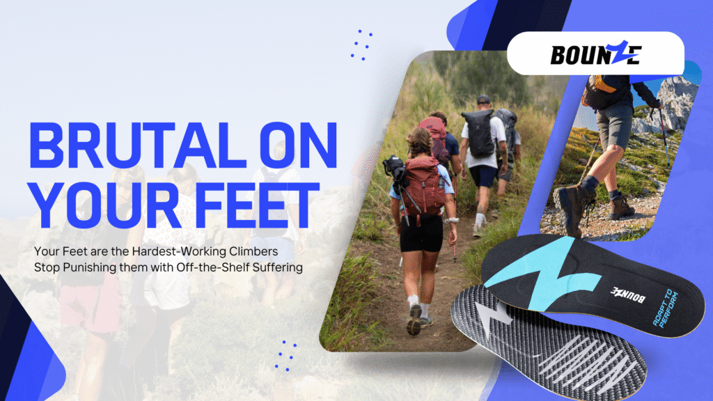A group of hikers navigating a mountain trail, emphasizing the need for custom insoles designed for comfort during mountain climbing.