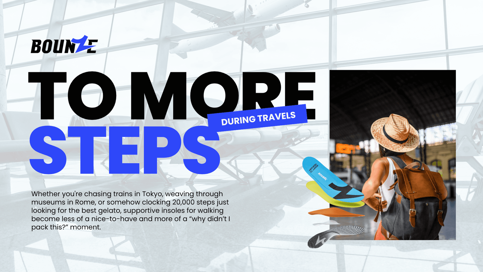 Happy traveler walking through a scenic city street with ease, thanks to supportive insoles for walking during long-distance travel.