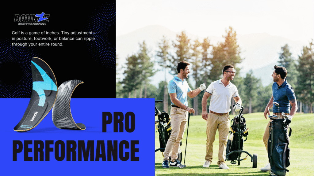 Golf friends smiling and relaxed, experiencing the difference of golfers high quality insoles