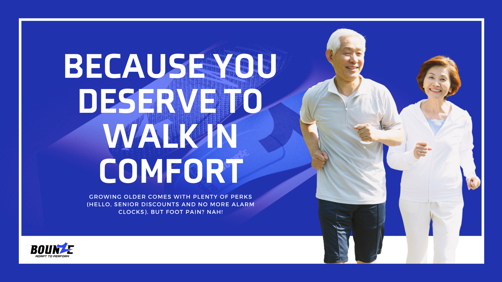 Couple elders walking comfortably with bounze insoles providing foot support and cushioning