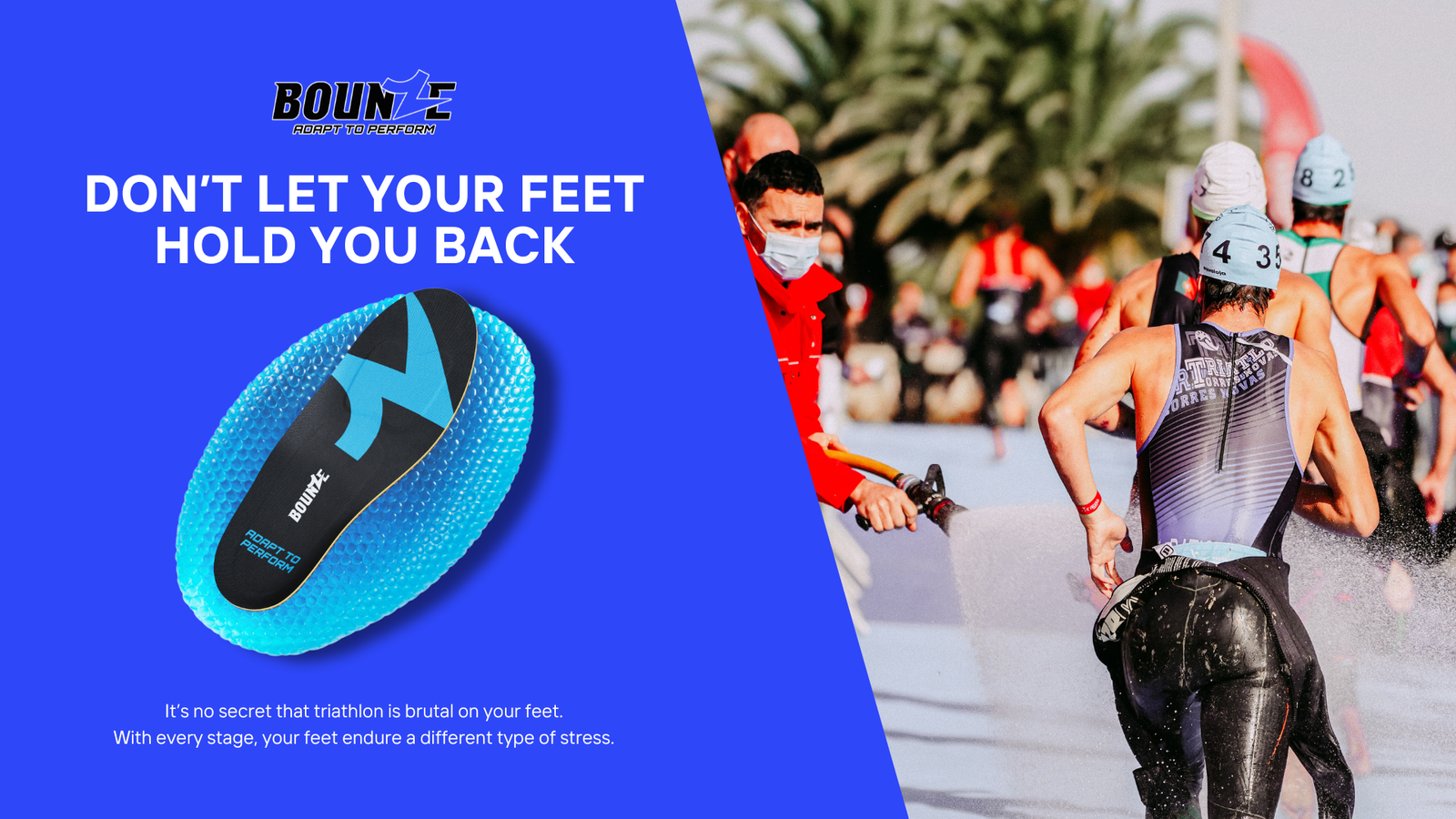 BOUNZE Pro triathlon multi-sport insoles promotion at triathlon event, showing athletes and foot support