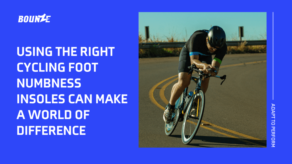 Graphic highlighting the benefits of using cycling foot numbness insoles, featuring a cyclist in action and the slogan 'Adapt to Perform.'