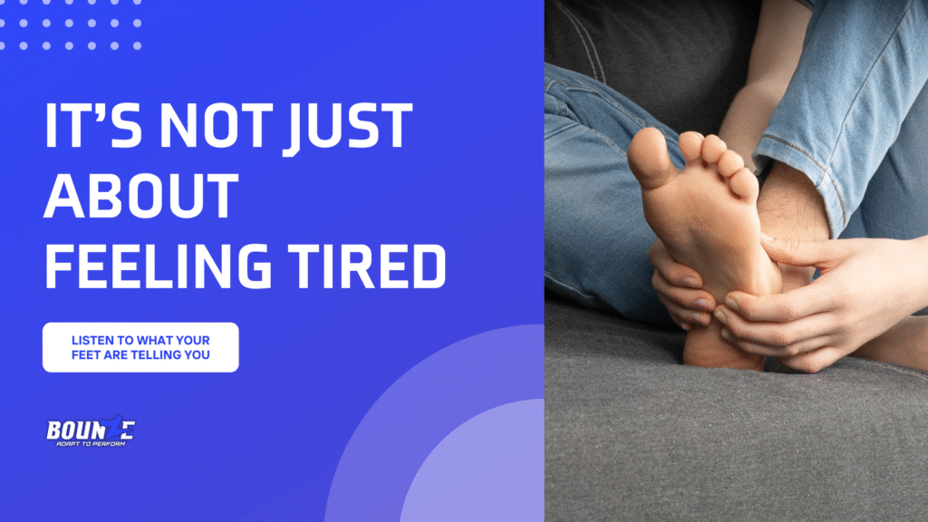 Massaging sore feet after standing all day, with message to listen to your feet and address daily foot pain
